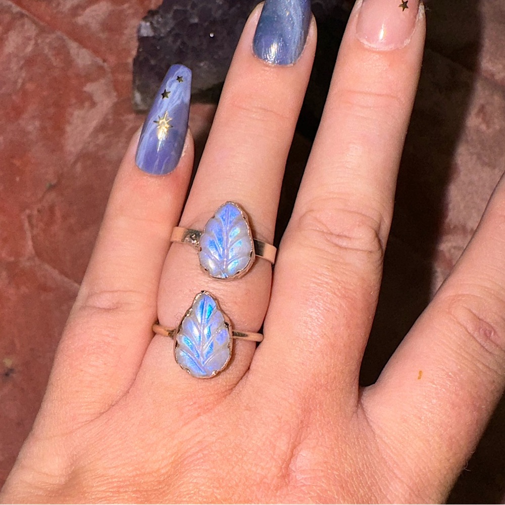 AAA quality, handmade rainbow moonstone leaf rings